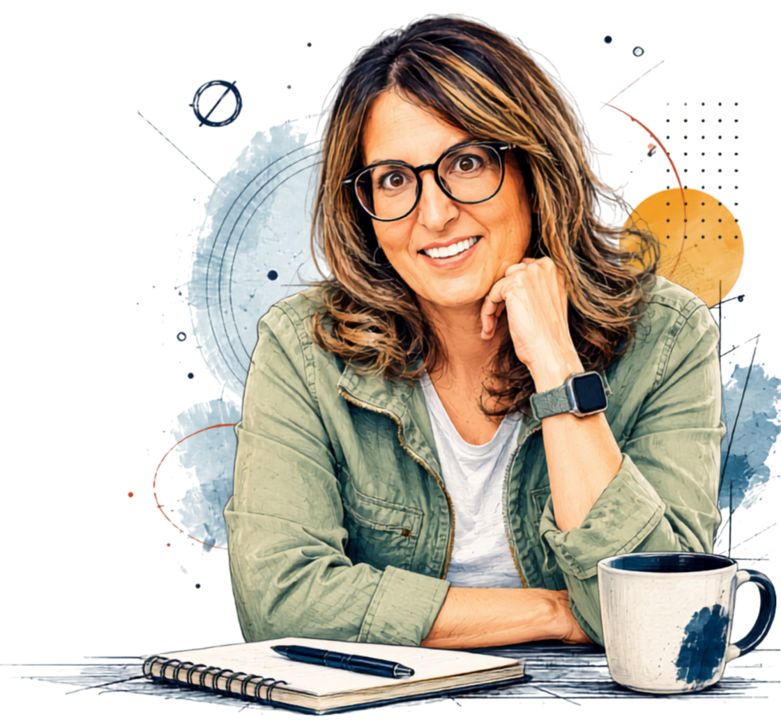Illustrated portrait of Lee seated at a worktable, chin resting on her hand, with a notebook, pen, and a coffee mug.